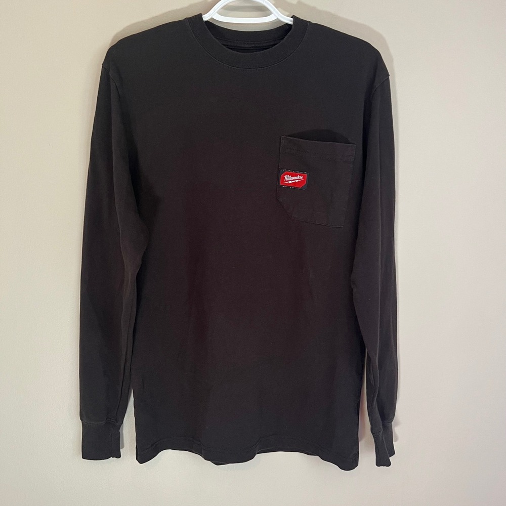 Milwaukee Tool Mens Black Long Sleeve Pocket T-Shirt Size Small Logo Workwear